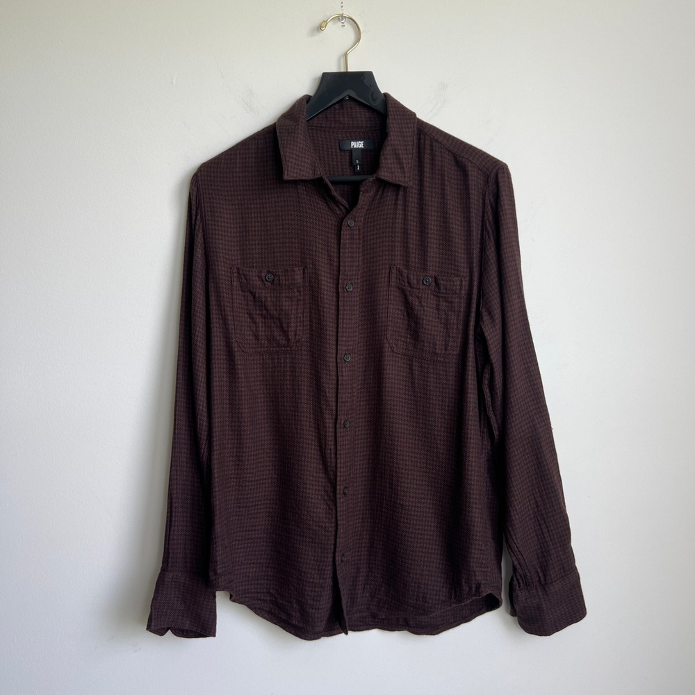 PAIGE Men's Everett Brown Houndstooth Button Down Shirt Caffeine Size Small - Picture 3 of 9